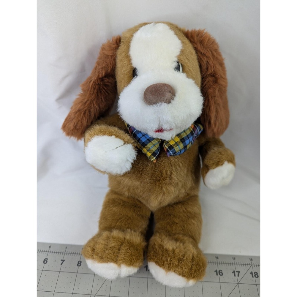 Commonwealth Brown Dog Plush Puppy Plaid Bow 15‎ Inch Stuffed Animal Toy